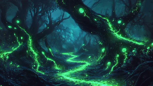 Bioluminescent Forest Corridor: Neon Ecosystem Rendered.