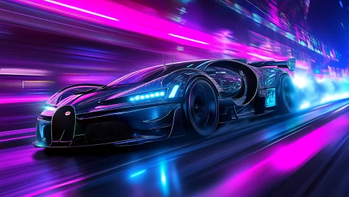 Neon-lit hypercar races through motion-blurred cyberpunk highway