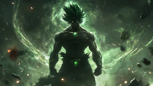 Emerald stormbreaker warrior rising from a cosmic maelstrom.