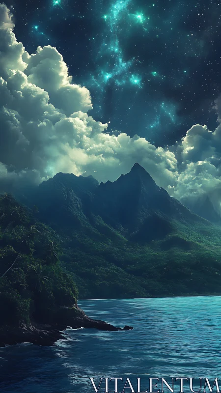 Digital painting seascape with luminous nocturnal mountainscape.