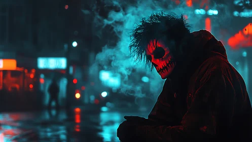Masked figure in neon city street with heavy blue red smoke.