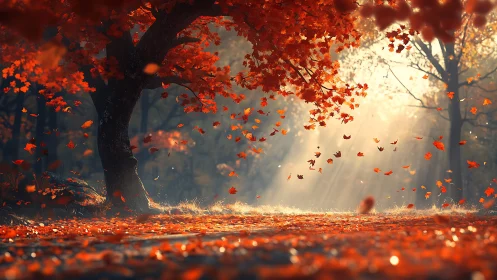 Golden sunlight dances through a quiet forest of red leaves
