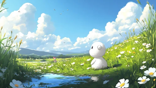 Daydreaming plush spirit in a wildflower meadow under vast skies.