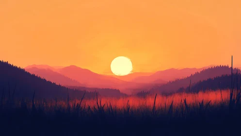 Digital painting sunset over layered mountain silhouettes.