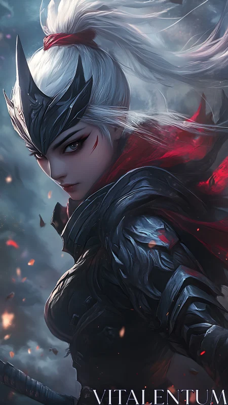 Fierce silver haired warrior in storm lit battle armor.