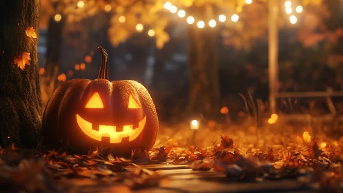 Carved jack o lantern on autumn ground with string lights.