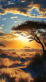 Backlit savanna trees silhouette against low sun and volumetric clouds