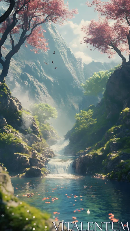 Whispering valley pool beneath cherry crowned cliffs.