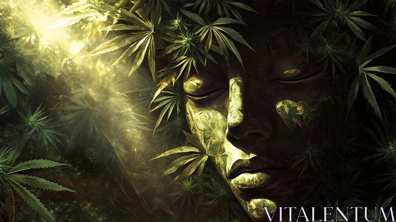 Marijuana foliage envelops meditative stone face under volumetric light