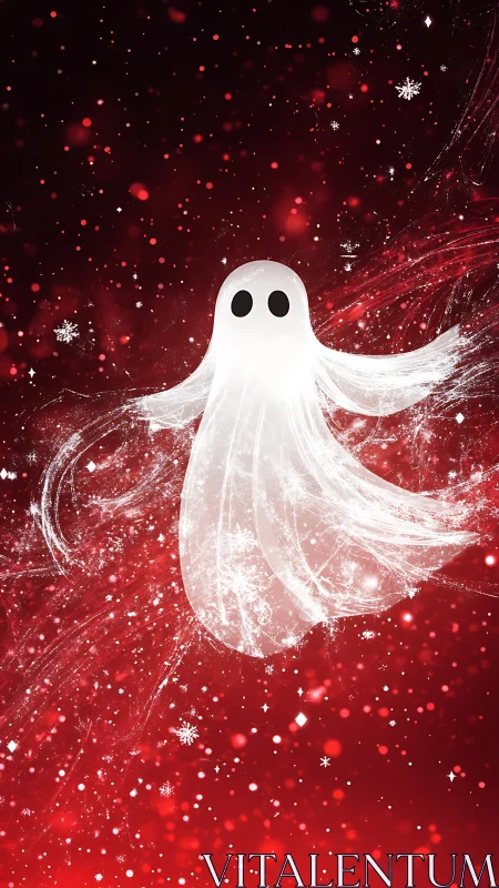 White ghost figure on red snowy particle background.