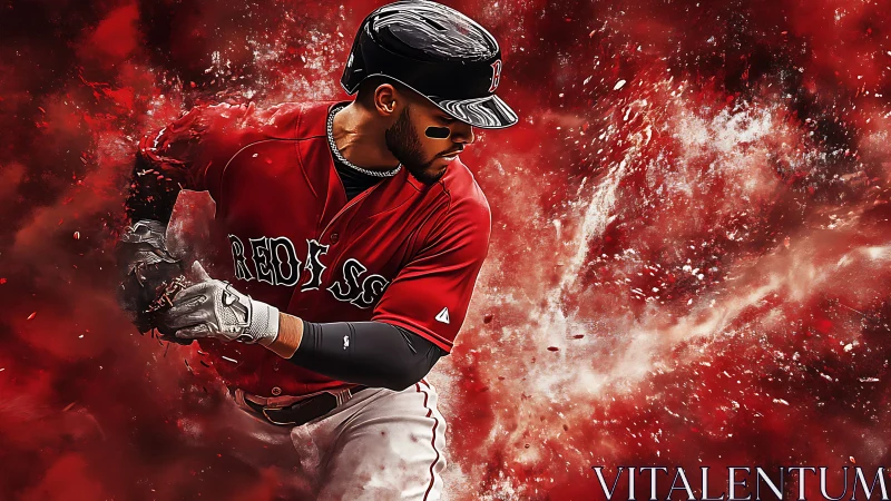 Baseball batter in red uniform amid abstract red background.