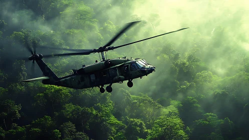 Military helicopter sweeps low through misty jungle valley.