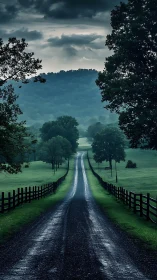 Long rural road between fenced fields under overcast sky.