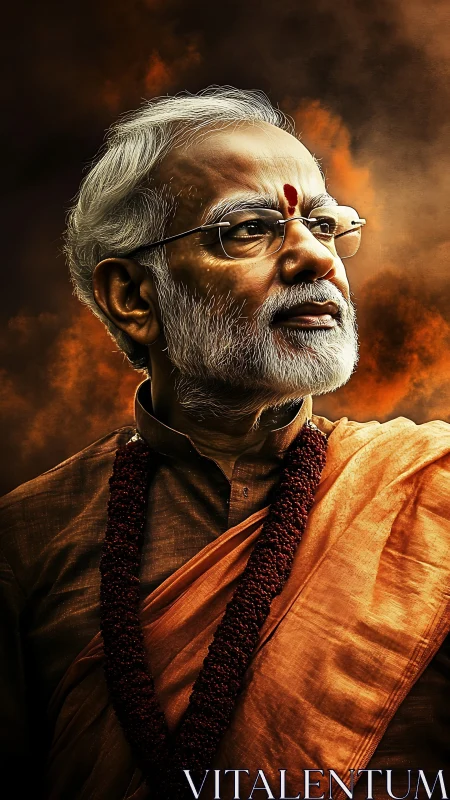 Elderly man in traditional attire is rendered in warm light