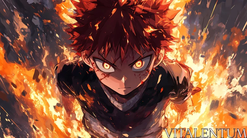 Fierce anime boy charging forward through erupting flames
