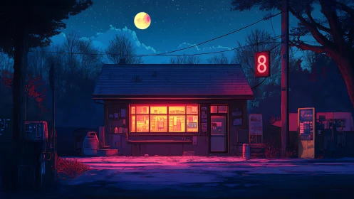Small roadside shop under full moon at night with neon sign.