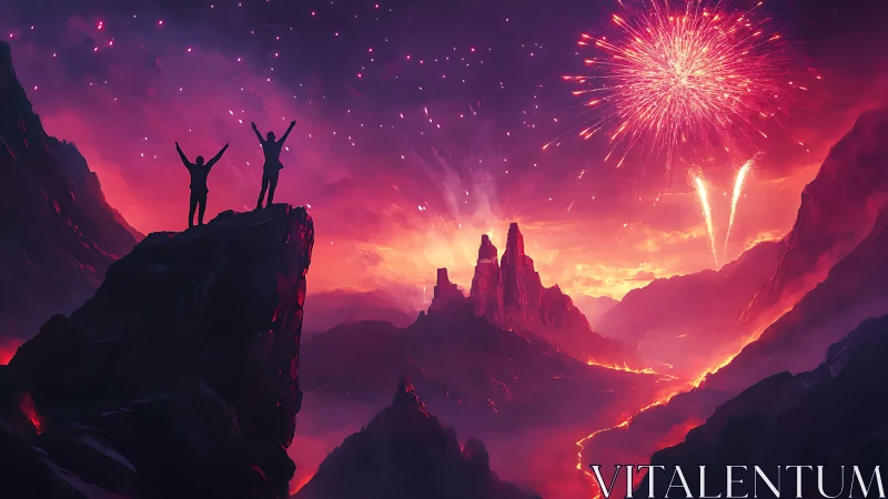 Triumphant silhouettes beneath crimson volcanic fireworks.