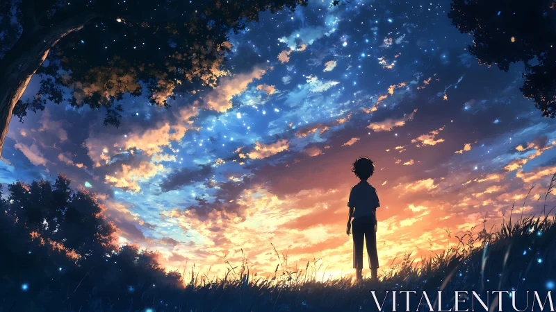 Silhouette of child observing dusk sky from grassy hill.