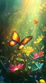 Luminous orange butterfly hovers over glowing wildflower meadow.