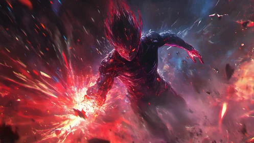 Fiery cosmic warrior surges forward in a storm of power
