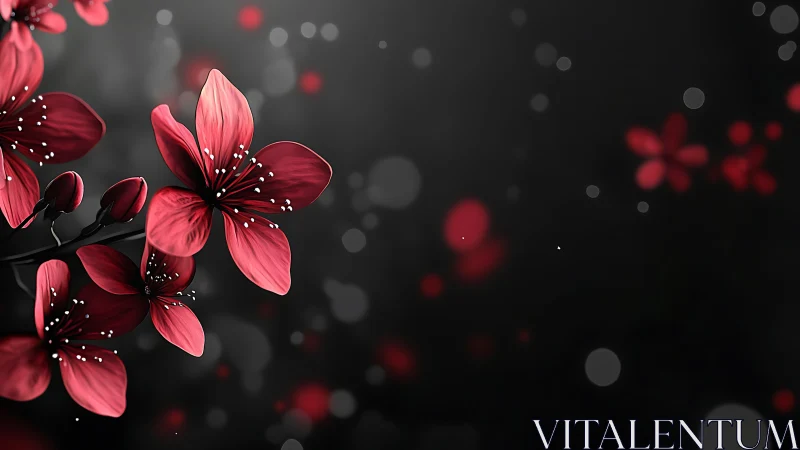 Red floral arrangement against dark background with bokeh particles.
