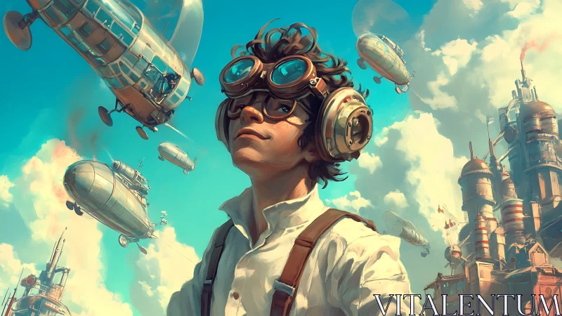 Young aviator gazes upward in whimsical skyport world.