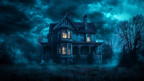 Victorian house at night with interior lights and fog present.