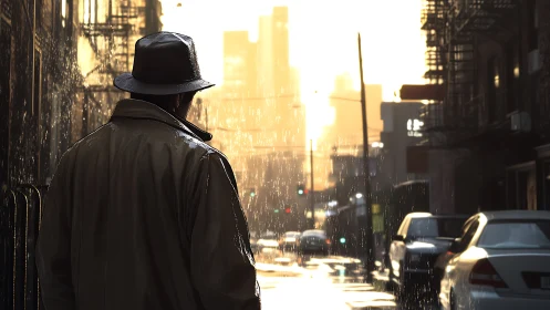 Rain-soaked city street welcomes a lone reflective wanderer