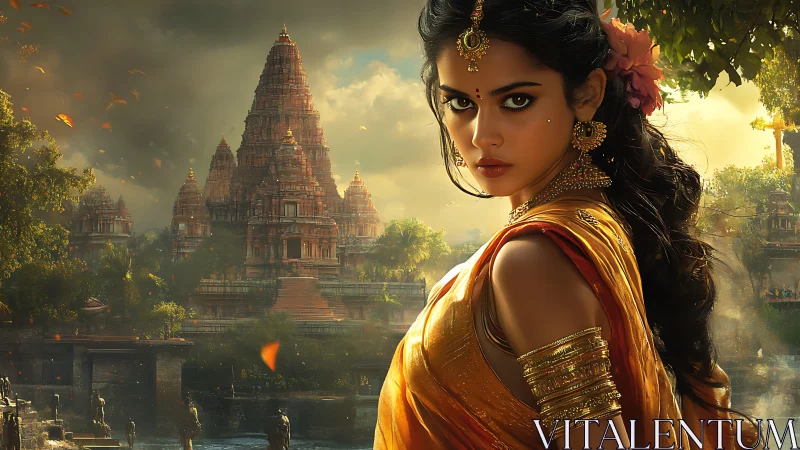 Temple-side portrait of regal Indian woman in golden sari.