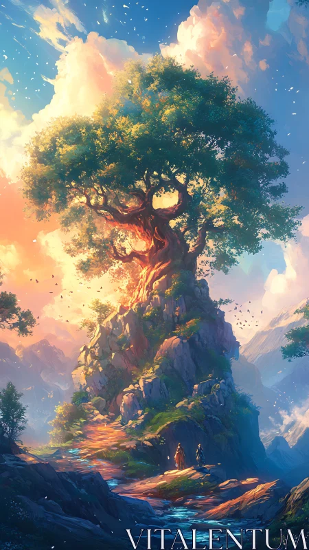 Luminous arboreal summit atop chromatic mountain path.