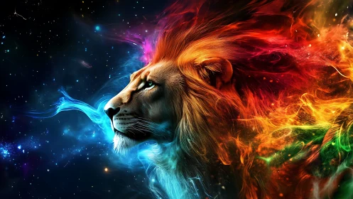 Cosmic lion gazes boldly through swirling rainbow stardust