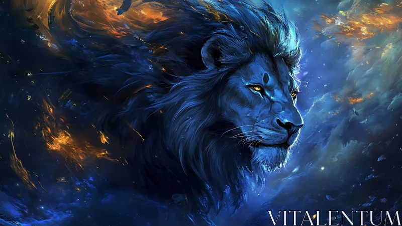 Celestial blue lion emerges in a swirling cosmic storm