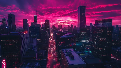 Neon magenta sunset bathes dense futuristic city skyline