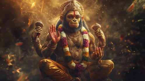 Divine monkey deity radiates power amid swirling golden light.