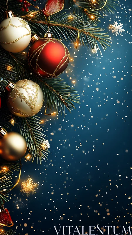 Photorealistic fir ornaments under dynamic snowfall field.