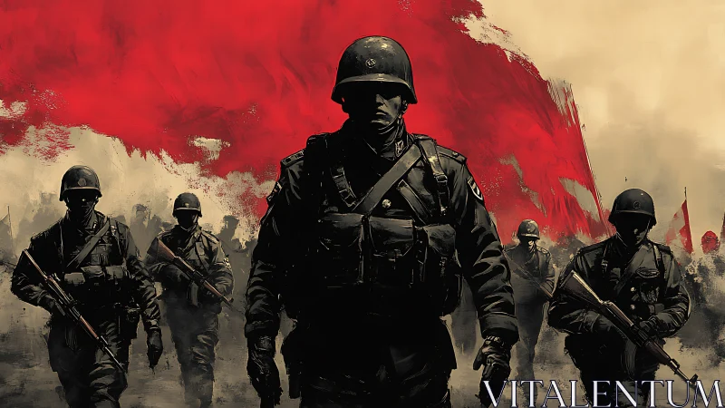 Grim soldiers stride beneath a storm of red and smoke.