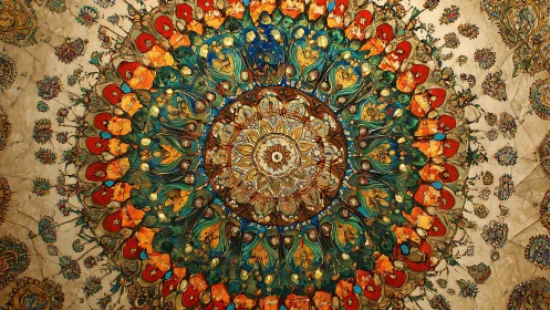 Intricate mandala tapestry with ornate radial floral symmetry.