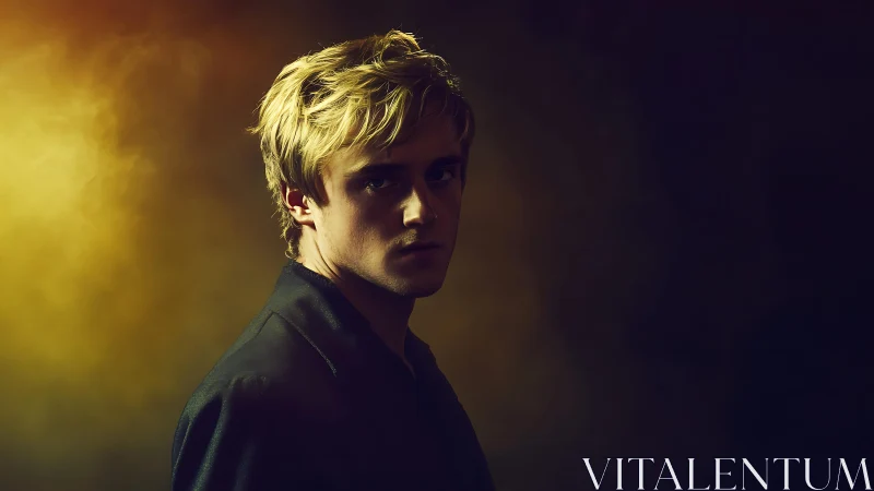 Moody portrait of blond man against smoky golden light.