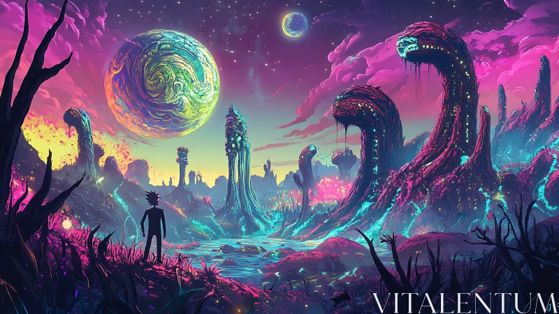 Neon alien landscape glows under swirling cosmic planets