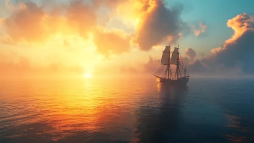 Sunlit tall ship sails across calm ocean at radiant sunrise