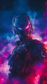 Armored futuristic soldier in neon-lit cosmic environment.