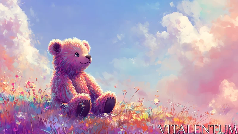 Dreamy rainbow teddy bear basking in a pastel meadow sky.