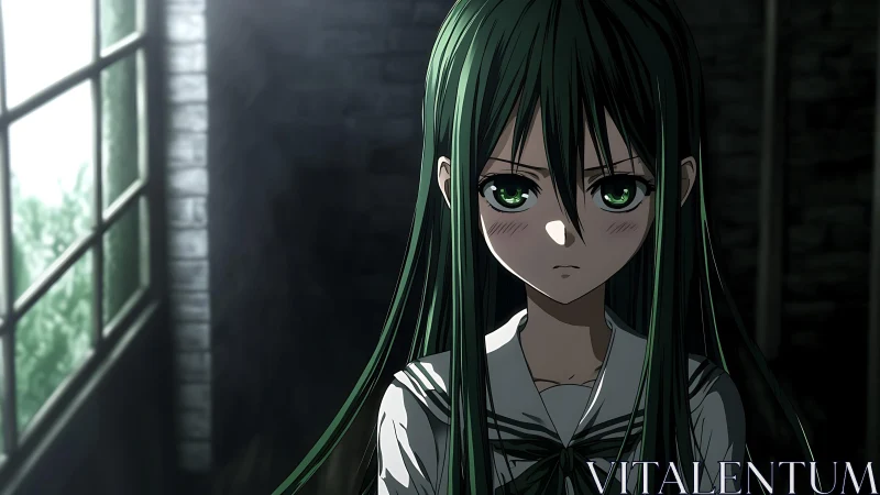 Green haired anime girl stands in a dimly lit schoolroom