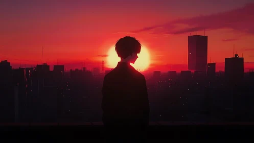 Silhouetted figure stands before dense city at sunset
