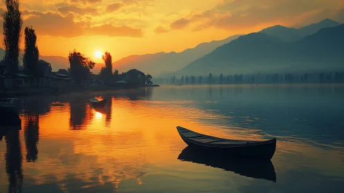 Sunlit mountain lake at dusk with moored wooden rowboat