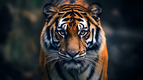 Close frontal portrait of Bengal tiger against dark background.