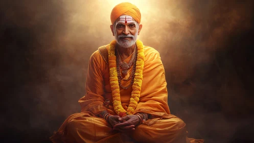 Elder Hindu ascetic in saffron robes under haloed rim lighting