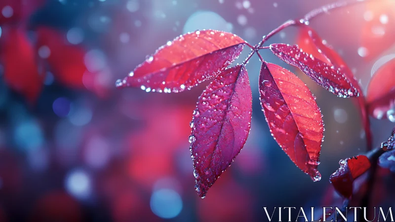 Neon-kissed crimson leaves shimmer in a rainy dreamscape.