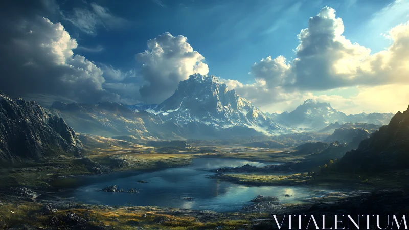 Sky-drowned mountain kingdom above mirror-bright valley lake.