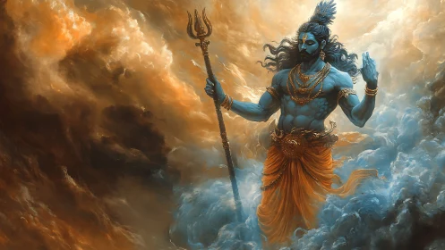 Stormborne blue deity strides through molten clouds poised.